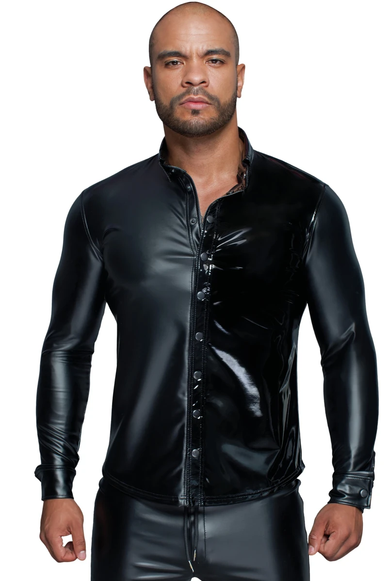 Langarmshirt aus Powerwetlook & PVC mit Knopfleiste