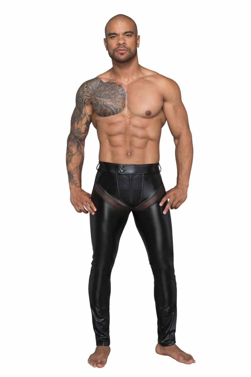 Lange Powerwetlook Hose für Herren mit Einsätzen und Taschen aus 3D Netz